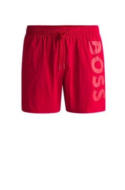 Hugo Boss Vertical-logo-print Swim Shorts In Quick-dry Poplin In Gray