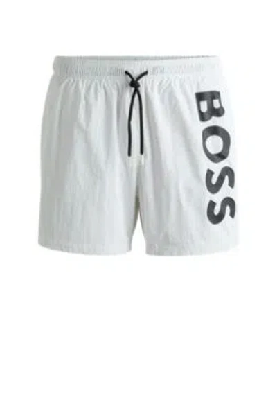 Hugo Boss Vertical-logo-print Swim Shorts In Quick-dry Poplin In White