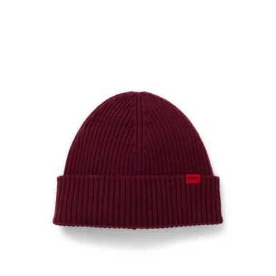 Hugo Boss Virgin-wool Beanie Hat With Red Logo In Burgundy