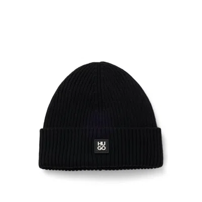 Hugo Boss Virgin-wool Beanie Hat With Stacked-logo Badge In Black