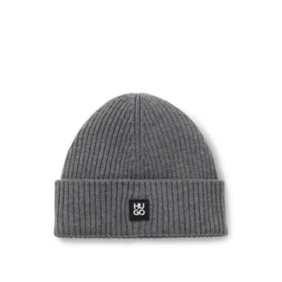 Hugo Boss Virgin-wool Beanie Hat With Stacked-logo Badge In Gray