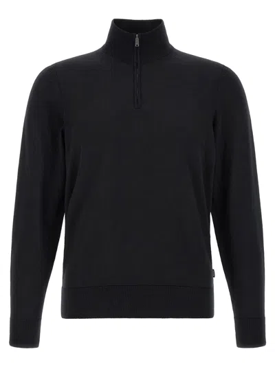 Hugo Boss Virgin Wool Half-zip Sweater In Black