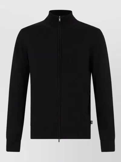 Hugo Boss Virgin Wool High Neck Zip Cardigan In Black
