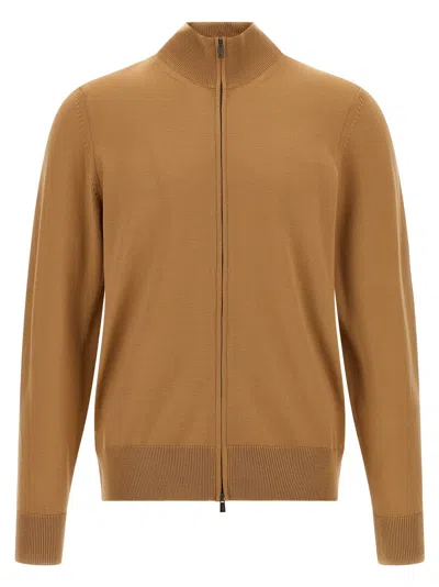 Hugo Boss Virgin Wool Shaved Knit Cardigan In Brown
