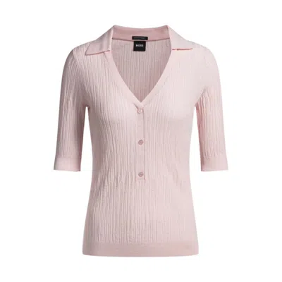 Hugo Boss Virgin-wool Sweater With Collar And Buttoned Placket In Pink