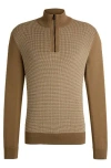 Hugo Boss Virgin-wool Zip-neck Sweater With Mixed Structures In Brown