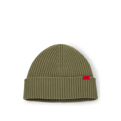 Hugo Boss Virgin-wool Beanie With Logo Label In Green