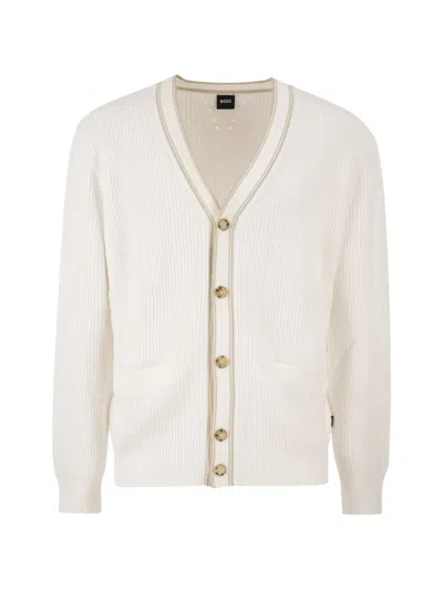 Hugo Boss Boss Ribbed Cotton Cardigan With Contrast Buttons In White