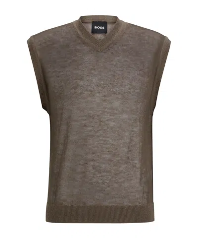 Hugo Boss V-neck Knit Vest In Brown