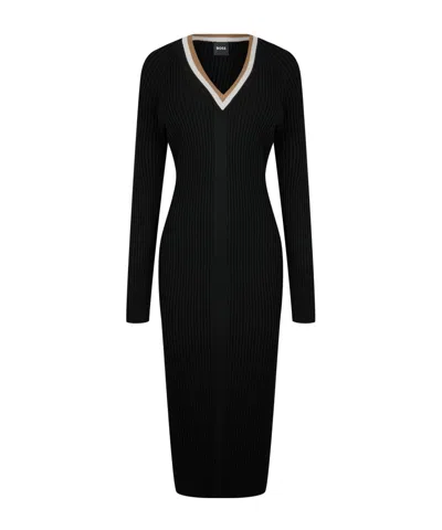 Hugo Boss V-neck Ribbed Knit Bodycon Midi Dress In Black