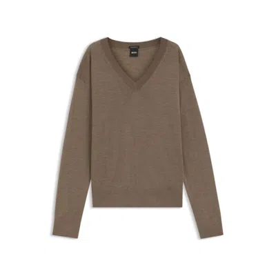 Hugo Boss V-neck Sweater In Merino Wool In Brown