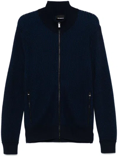Hugo Boss Waffle-knit Cardigan In Blue