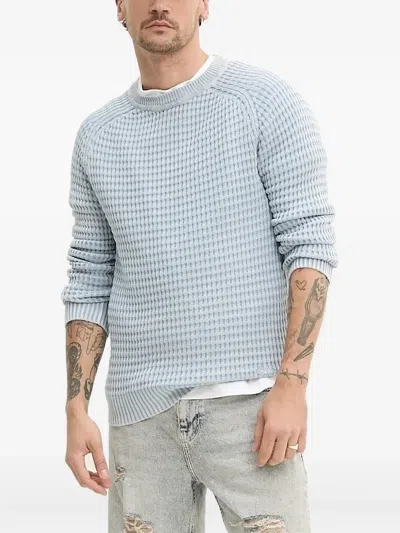 Hugo Boss Waffle-knit Crew-neck Sweater In Blue