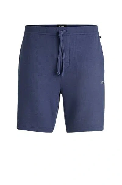 Hugo Boss Waffle-structured Pyjama Shorts With Embroidered Logo In Blue