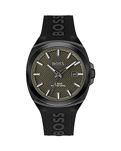 Hugo Boss Silicone-logo-strap Watch With Olive Guilloch Dial Men's Watches In Assorted-pre-pack