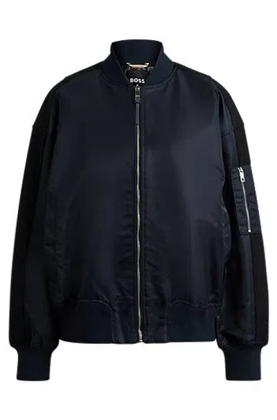 Hugo Boss Water-repellent Bomber Jacket With Zipped Sleeve Pocket In Blue