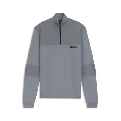 Hugo Boss Water-repellent Cotton Sweater With Zip Neck In Gray