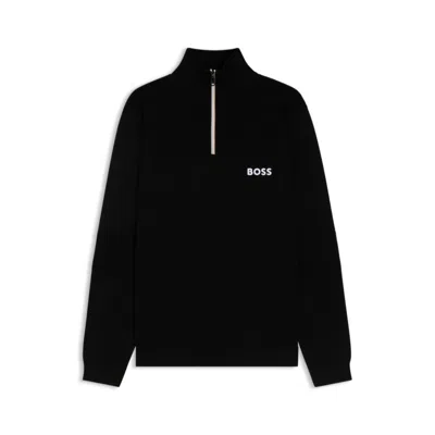 Hugo Boss Water-repellent Cotton Sweater With Zip Neck In Black