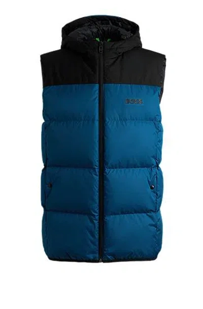 Hugo Boss Water-repellent Down Gilet With Logo Print In Blue