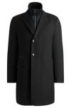 Hugo Boss Water-repellent Wool-blend Coat With Zip-up Inner In Black