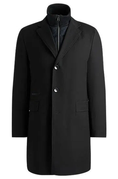 Hugo Boss Water-repellent Wool-blend Coat With Zip-up Inner In Black
