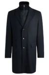 Hugo Boss Water-repellent Wool-blend Coat With Zip-up Inner In Dark Blue