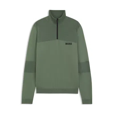 Hugo Boss Water-repellent Zip-neck Sweater In A Cotton Blend In Green