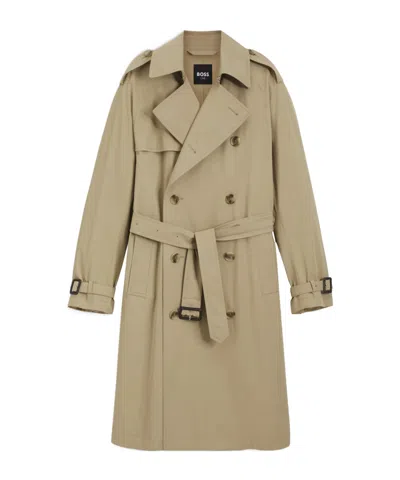 Hugo Boss Water-repellent Trench Coat In Cotton Twill In Neutral