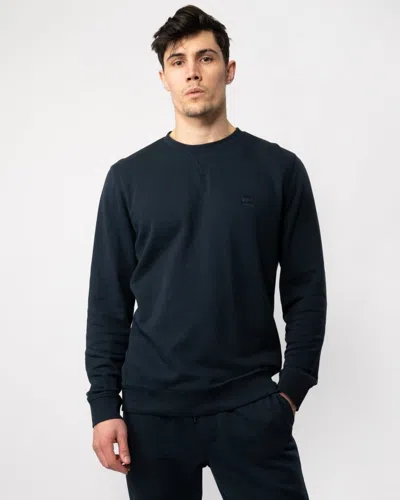Hugo Boss Westart Mens Crew Neck Sweatshirt With Logo Patch Nos In Blue
