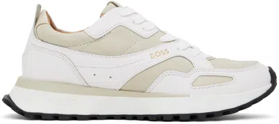 Hugo Boss White & Beige Leather Padded Collar Sneakers In 120-open White