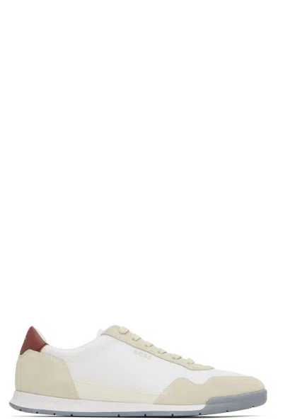 HUGO BOSS WHITE & BEIGE MIXED-MATERIAL LACE-UP SNEAKERS