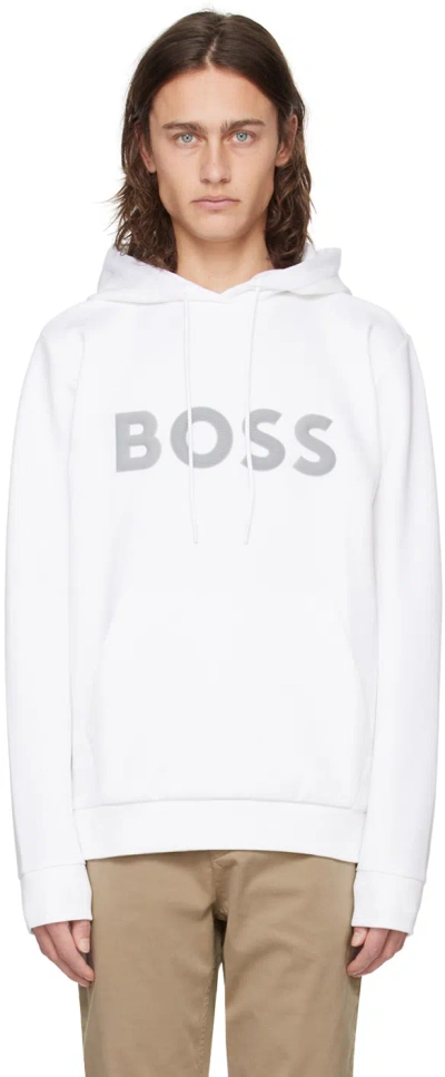 Hugo Boss White Bonded Hoodie In 100-white