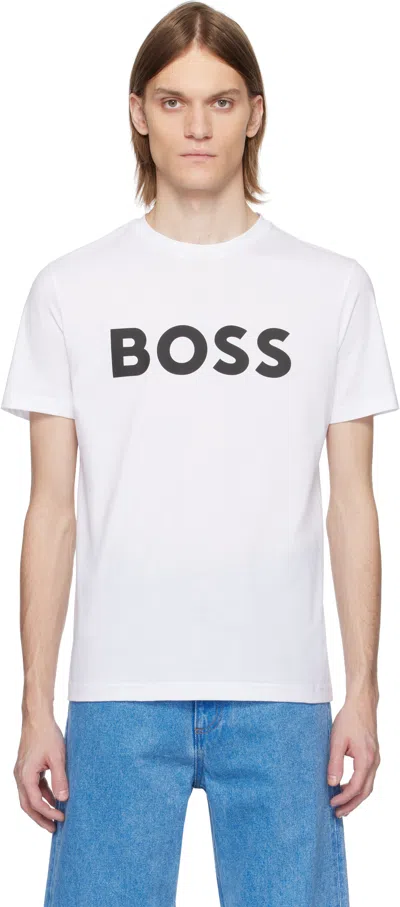 HUGO BOSS WHITE CURVED-LOGO PRINT T-SHIRT