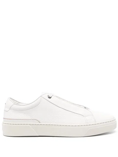 Hugo Boss White Grained Leather Sneakers With Logo Tag On Laces