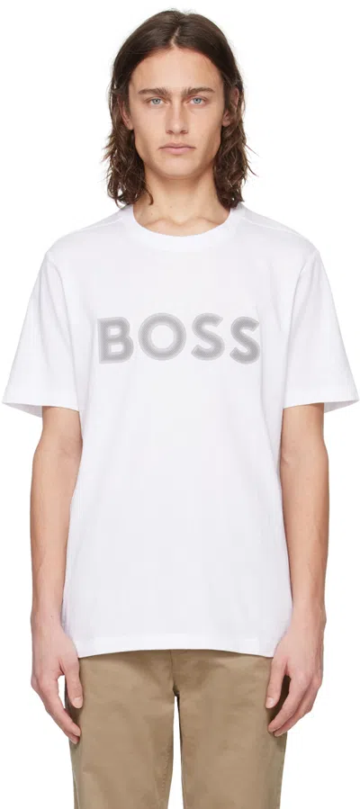 Hugo Boss White Mesh Print T-shirt In 100-white