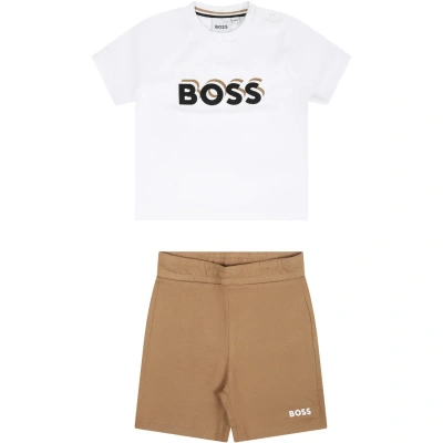 Hugo Boss White Suit For Baby Boy With Logo In Beige