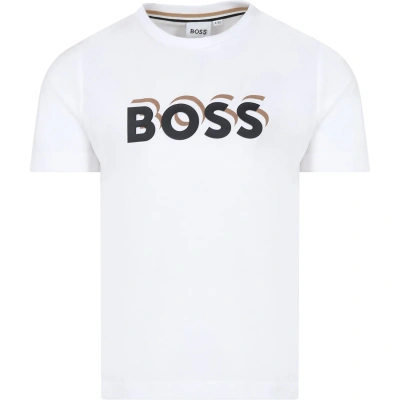 Hugo Boss Kids' Boss Boys White Cotton T-shirt In Bianco