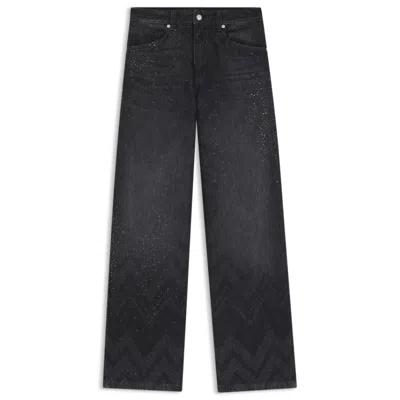 Hugo Boss Wide-leg Jeans In Crystal-embellished Denim In Black