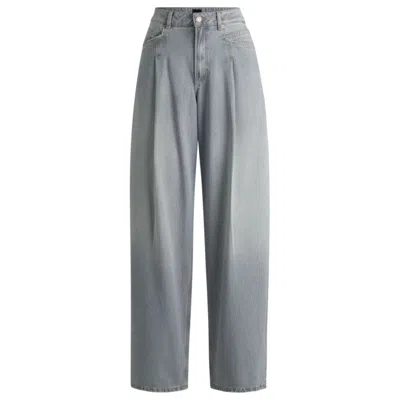 Hugo Boss Wide-leg Jeans In Gray Denim With Front Pleats In Grey