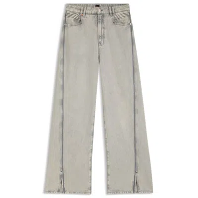 Hugo Boss Wide-leg Jeans In Gray Denim With Hem Slits