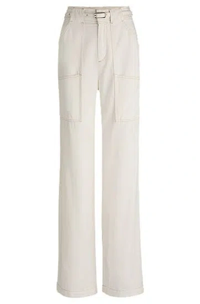 Hugo Boss Wide-leg Trousers With Belt And Pocket Detailing In White