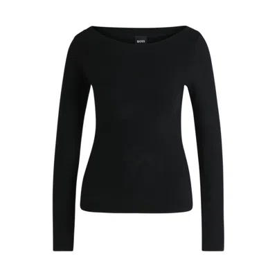 Hugo Boss Wide-neck Sweater In Stretch Jacquard In Black