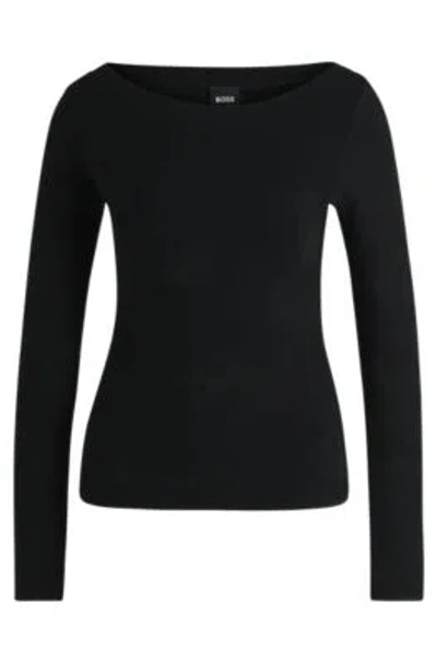 Hugo Boss Wide-neck Sweater In Stretch Jacquard In Black