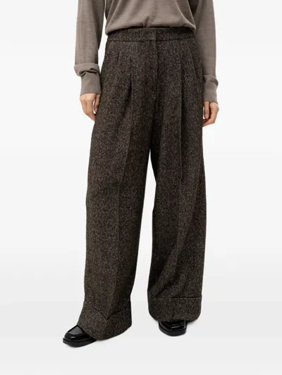 Hugo Boss Wide-leg Herringbone Pants In A Wool Blend In Brown