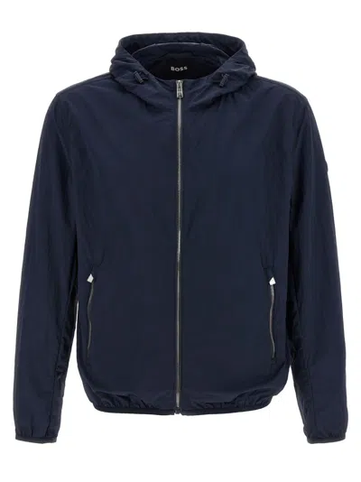 Hugo Boss Windproof Nylon Jacket With Hood In Blue