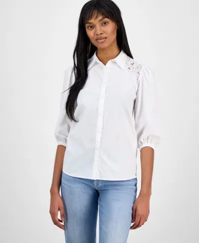 Hugo Boss Women's 3/4-sleeve Button-up Blouse In White