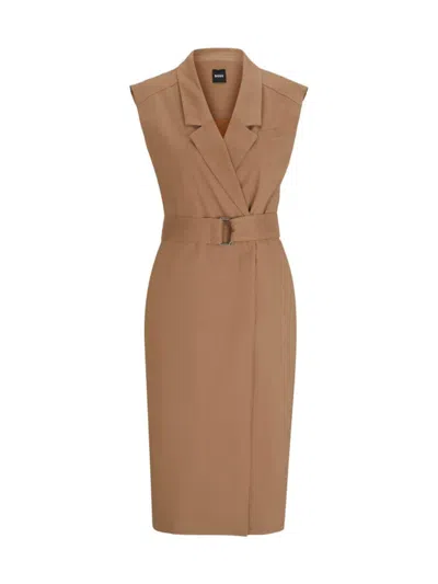 Hugo Boss Belted Wrap Dress In A Linen Blend In Beige