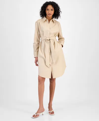 Hugo Boss Women's Cotton Belted Long-sleeve Shirtdress In Stone