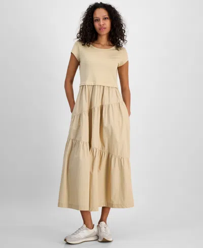 Hugo Boss Women's Cotton Mixed Media Tiered Fit & Flare Dress In Stone
