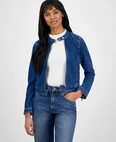Hugo Boss Women's Cropped Mandarin-collar Denim Jacket In Brightblue